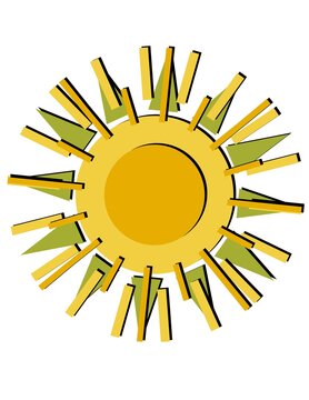 A yellow sun with green leaves and a white background