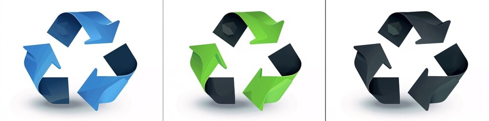 3 different Recycle logos of green blue and black arrows on white background