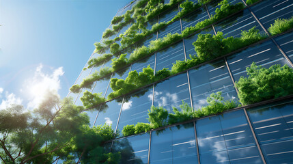 Modern glass office building with a lush green vertical garden in the sunlight. - Powered by Adobe