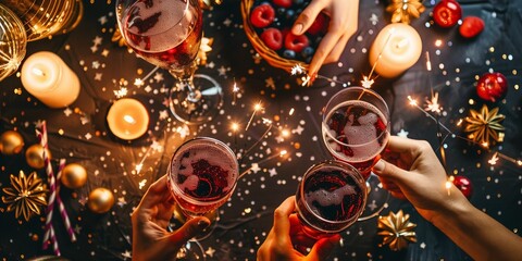 A group of people are celebrating a holiday by toasting with glasses of wine