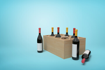 Six wine bottles neatly packed in wooden box - obrazy, fototapety, plakaty