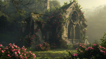 A misty scene featuring a church ruin adorned with roses and ivy, evoking a serene atmosphere with a touch of melancholy and natural beauty