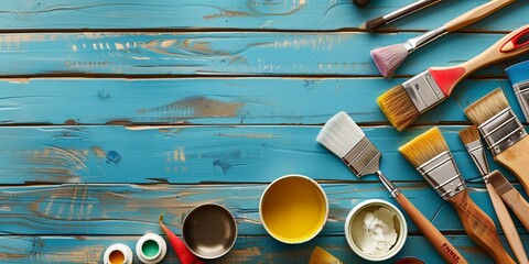A blue background with a variety of paint brushes and paint containers - Powered by Adobe