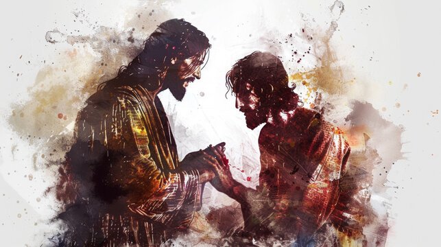 Create a digital watercolor image of Jesus healing the man with the withered hand on a white background.