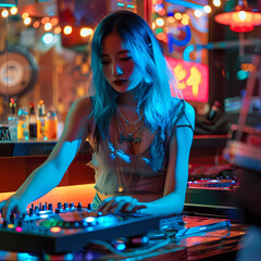 Generative AI Asian young beautiful woman wearing tank top playing turn table at jazz bar