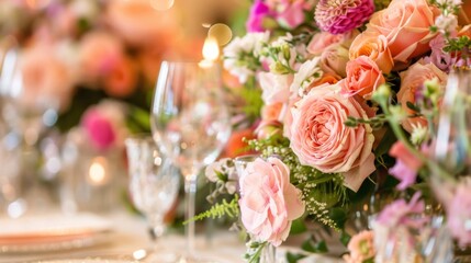 Wedding reception area, highlighting a row of tables decorated with pink and peach floral bouquets - obrazy, fototapety, plakaty