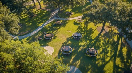 Panoramic aerial view of the park, picnic areas scattered throughout