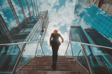 back view of business woman climbing up the stairs in business city center