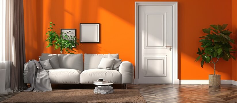 The living room features orange walls with a light grey sofa, an avant-garde white door, and modern home decor with brown parquet flooring and a carpet design.