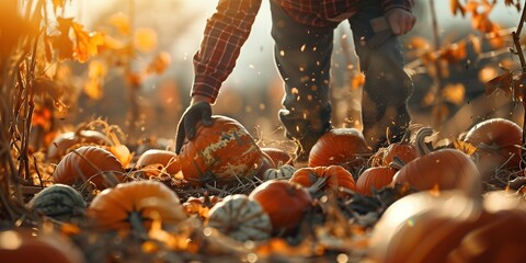 A man is picking up a pumpkin from a pile of pumpkins