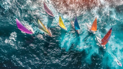 Sailing race from the air, strategically positioning boats as they navigate a difficult route