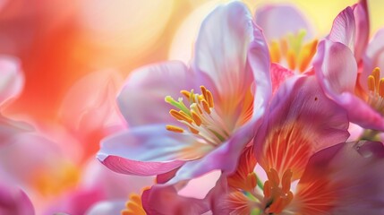 Morning dew on the petals of fresh blooming flowers, and sunlight penetrates through the drops