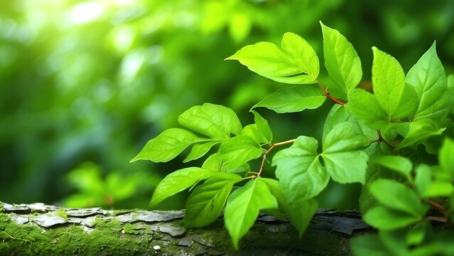 green leaves with blurred background and wood in forground 