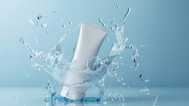 Skincare mockup facewash breaking through glass, cosmetic tube mockup template with splashing of water liquid.