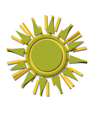 A yellow sun with green leaves and a white background