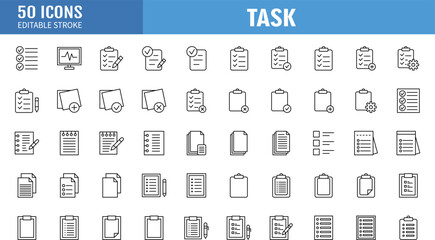 Task line editable icon set. Containing icons: Clipboard, checklist, report, survey or agreement and more . Vector illustration