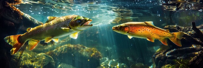 Shimmering sunlight filtering through the water, highlighting the iridescent colors of the fish swimming side by side - obrazy, fototapety, plakaty