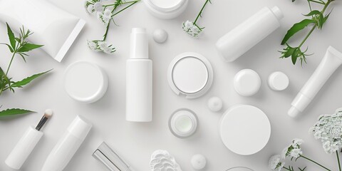 Naklejka na ściany i meble A white background with a variety of beauty products and a leafy green plant