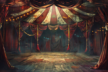 Circus red and white tent background with wooden floor
