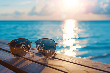 travel and summer concept, sunglasses on the sunset beach