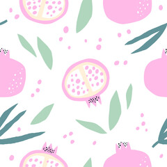 Seamless pattern of hand drawn pomegranate and leaves. Perfect for textile manufacturing, wallpaper, posters - 788277162