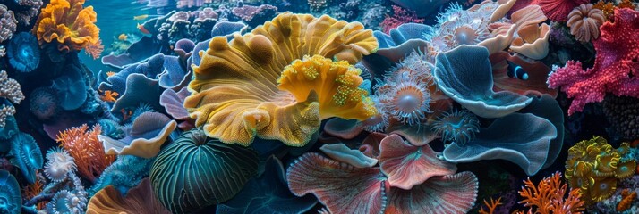 Coral colonies, revealing complex textures and vibrant colors