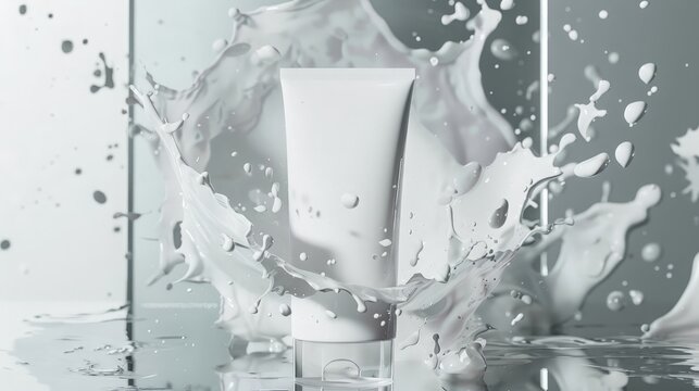 Skincare mockup facewash breaking through glass, cosmetic tube mockup template with splashing of water liquid.