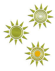 Three suns with yellow centers and green edges