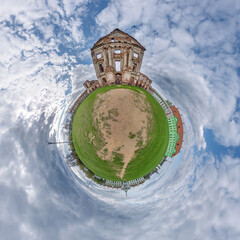 little planet and spherical aerial 360 panorama view on street ancient medieval castle with church and historic buildings with columns - 788277763