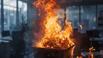Burning trash can, flame and destruction