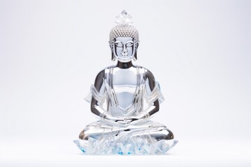 Seated buddha statue sculpture made from glass, which is mind restraint of buddha religion, exhibited in soundless room, and there are lotuses around statue sculpture.