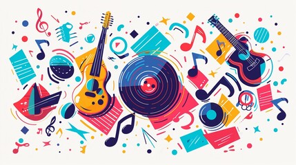 Colorful music background with musical notes, piano keys and vinyl record vector illustration design for creative poster or cover template design, Music festival concept