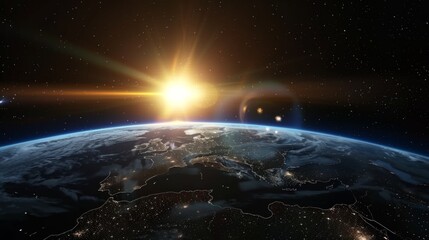 Sunrise over earth as seen from space. With stars background - obrazy, fototapety, plakaty