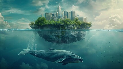 island in the middle of the ocean, cityscape and white rocks on the top part floating above the water level, under which is a giant Blue whale swimming underwater - obrazy, fototapety, plakaty