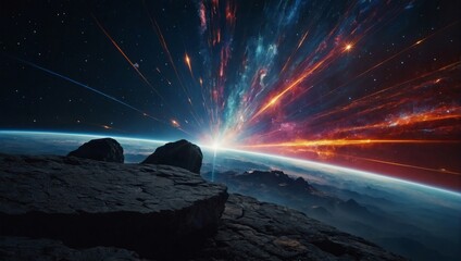 Space abstract background, shooting star, flash, laser through the stone, vivid colors. - obrazy, fototapety, plakaty