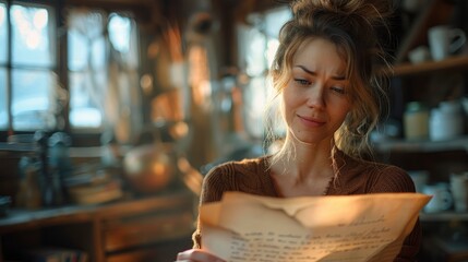 A mother reading a heartfelt letter from her children, tears of happiness welling in her eyesillustration