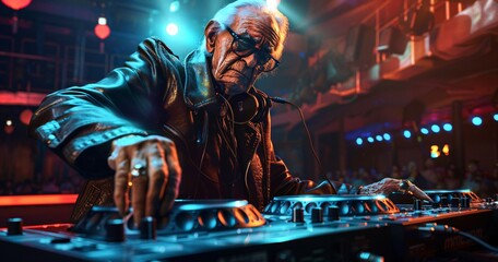 70 year old man in leather jacket and glasses playing on a party as a DJ