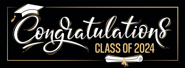Naklejka premium Congratulations Class of 2024 greeting sign on dark background. Academic cap and diploma. Congratulating banner. Handwritten brush lettering. Isolated vector text for graduation design, greeting card