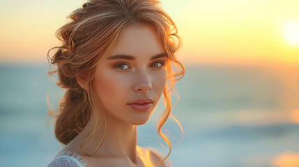 6. Against the backdrop of a breathtaking sunset, a glamorous woman showcases her glamorous hairstyle