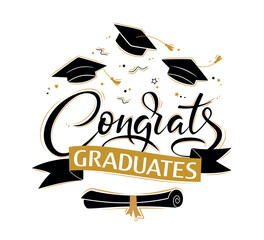 Congrats Graduates. Greeting lettering sign with academic caps and diploma. Congratulating vector banner for graduation party, congratulation ceremony,  card. University, school, academy grads symbol