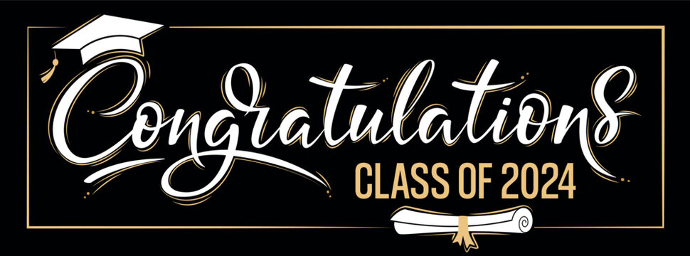 Fototapeta Congratulations Class of 2024 greeting sign on dark background. Academic cap and diploma. Congratulating banner. Handwritten brush lettering. Isolated vector text for graduation design, greeting card