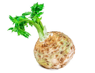 Ripe celery root with twig isolated on white background