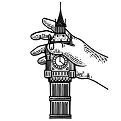 Child hand playing with Big Ben tower engraving PNG illustration. Scratch board style imitation. Black and white hand drawn image.