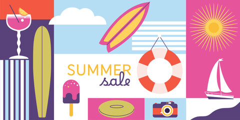 Abstract geometric summer travel banner background. Summertime vacation concept design. Colored flat vector illustration
