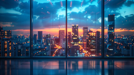 Blurred office workspace in the evening, interior workplace with cityscape for business presentation background,
