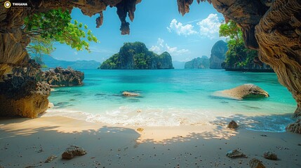 Amidst the limestone karsts of Railay Beach, the letters of THAILAND rise from the sandy shores - obrazy, fototapety, plakaty