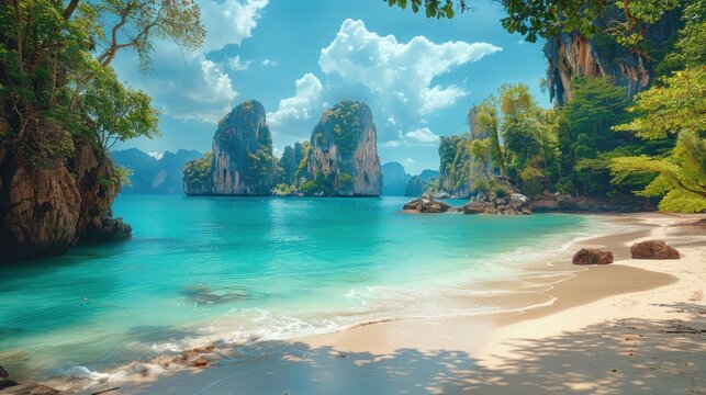 Amidst the limestone karsts of Railay Beach, the letters of THAILAND rise from the sandy shores