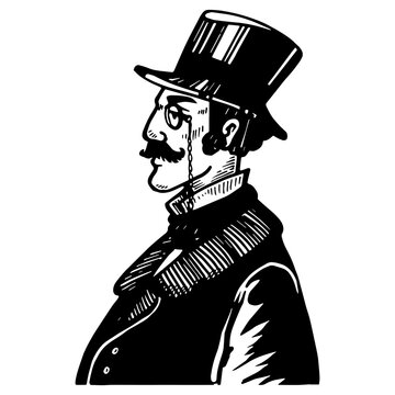 recommend clip art: Gentleman with old fashioned phone engraving PNG illustration. Scratch board style imitation. Black and white hand drawn image.