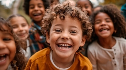 Fototapeta premium A group of children are smiling and laughing together, the boy in the center is wearing a yellow shirt