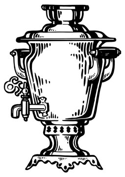 recommend clip art: Samovar russian water tea boiler engraving PNG illustration. Scratch board style imitation. Hand drawn image.